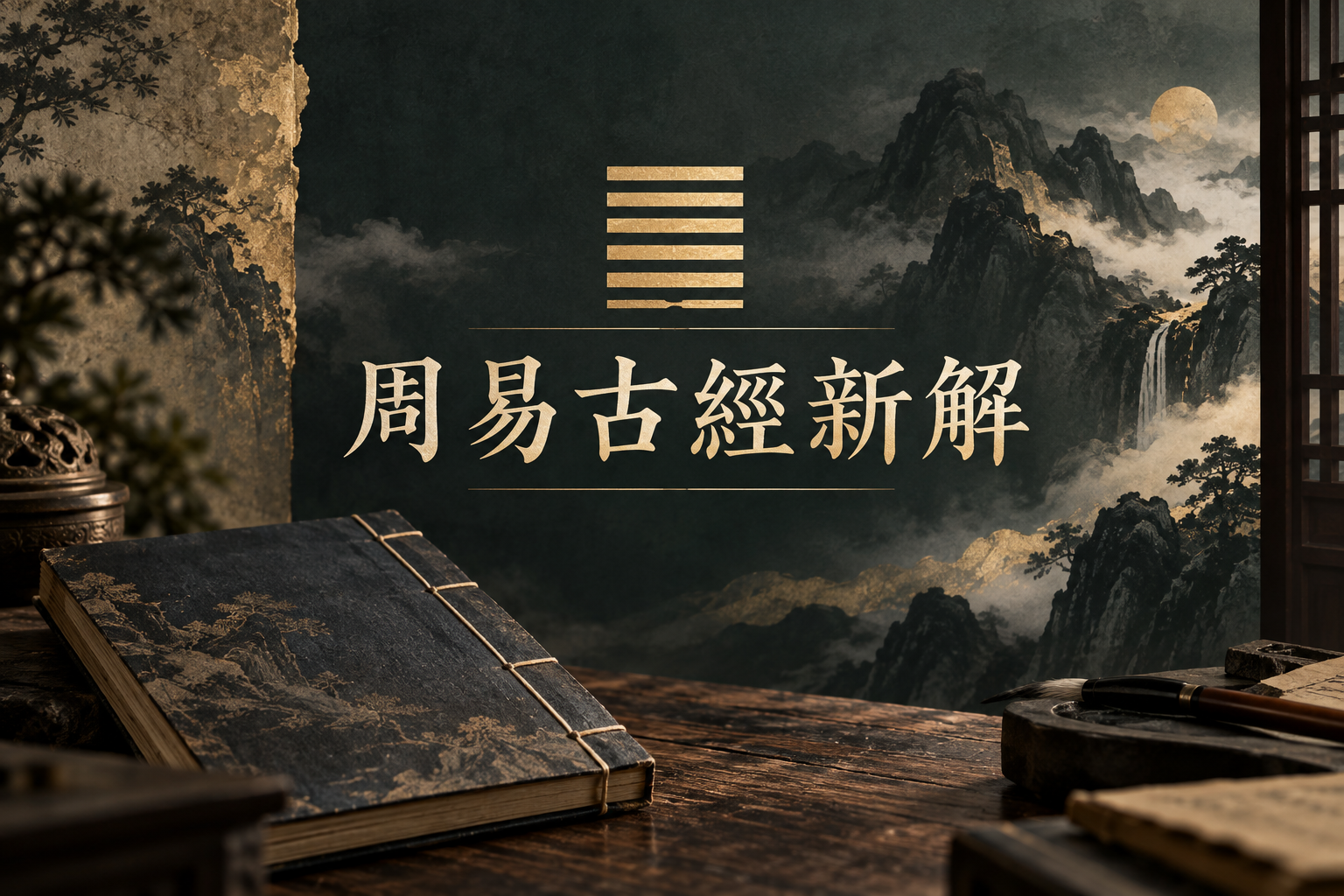 周易古經新解課程封面：金色卦象、古籍與山水